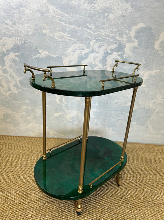 Petit Aldo Tura Bar Cart / Tea Trolley in Dark Green, Italy, 1960s, Hollywood Regency