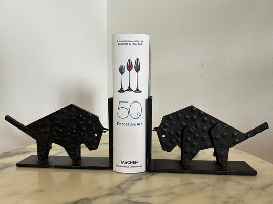 Pair of Brutalist Buffalo / Bison Bookends, Black Metal, Mid-Century