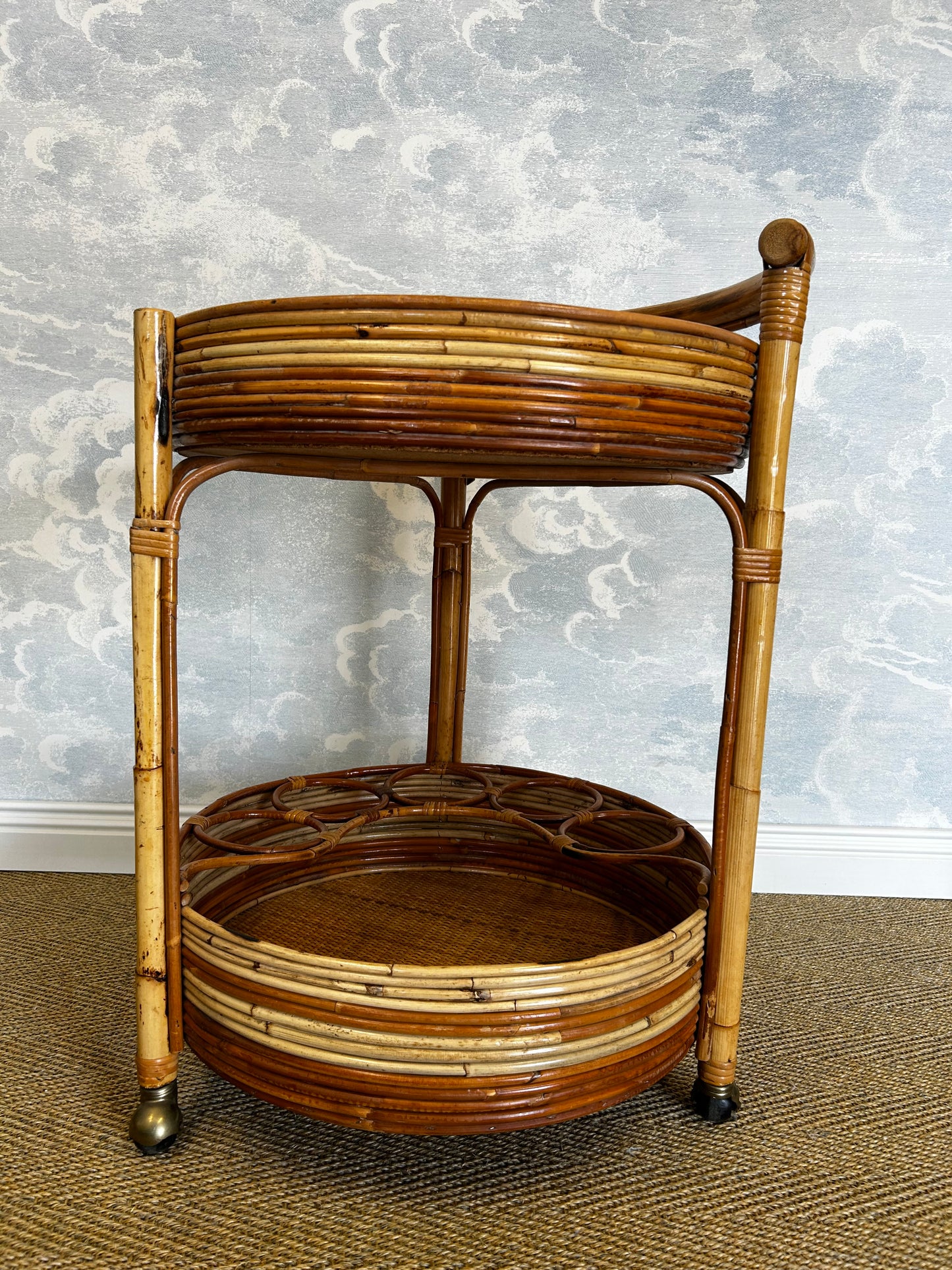 2-Tiered Round Bamboo Bar Cart in the Style of Vivai del Sud, Italy, 1960's