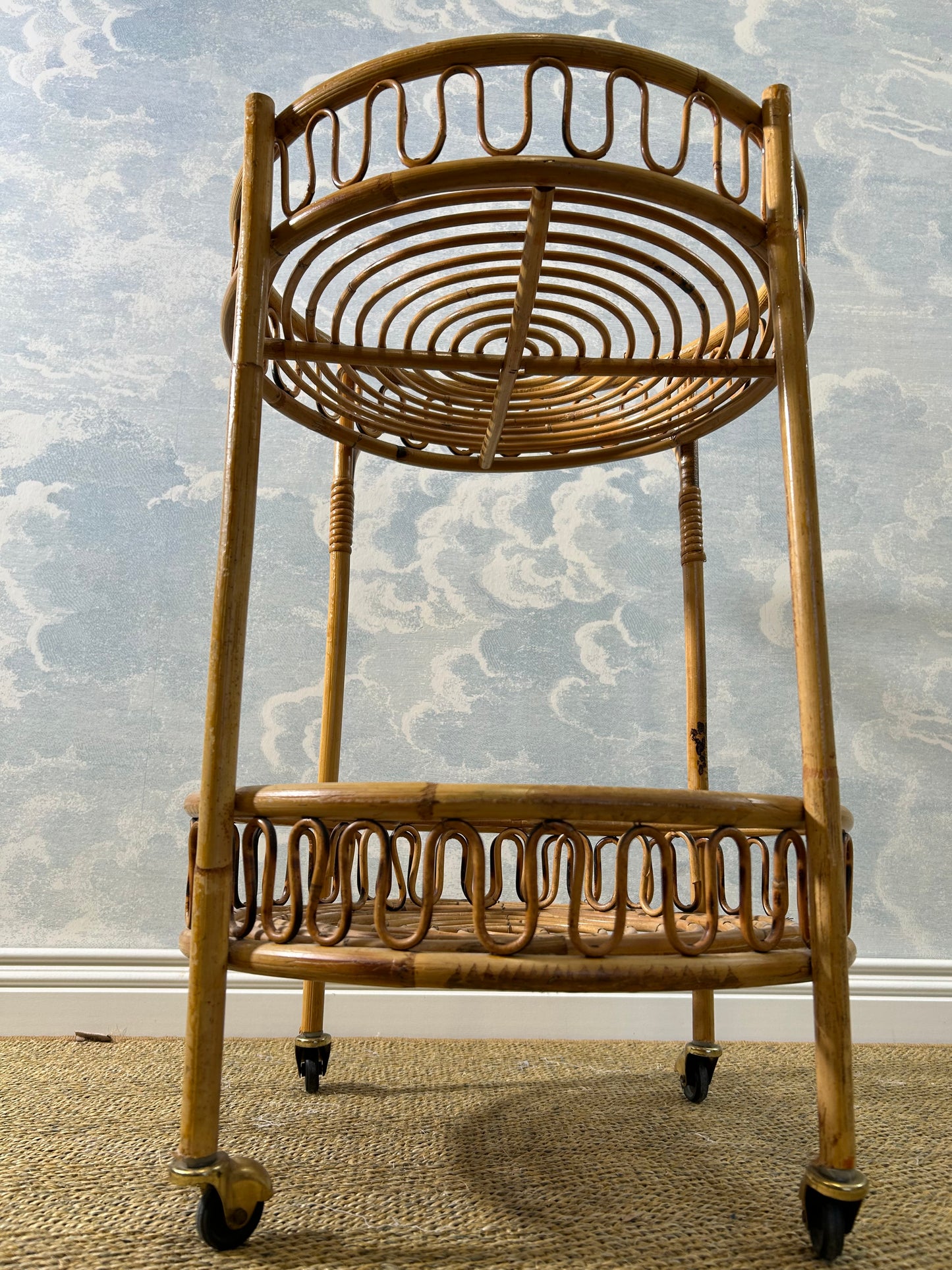 Round Bamboo Bar Cart in the Style of Franco Albini, Vintage 60s French Riviera