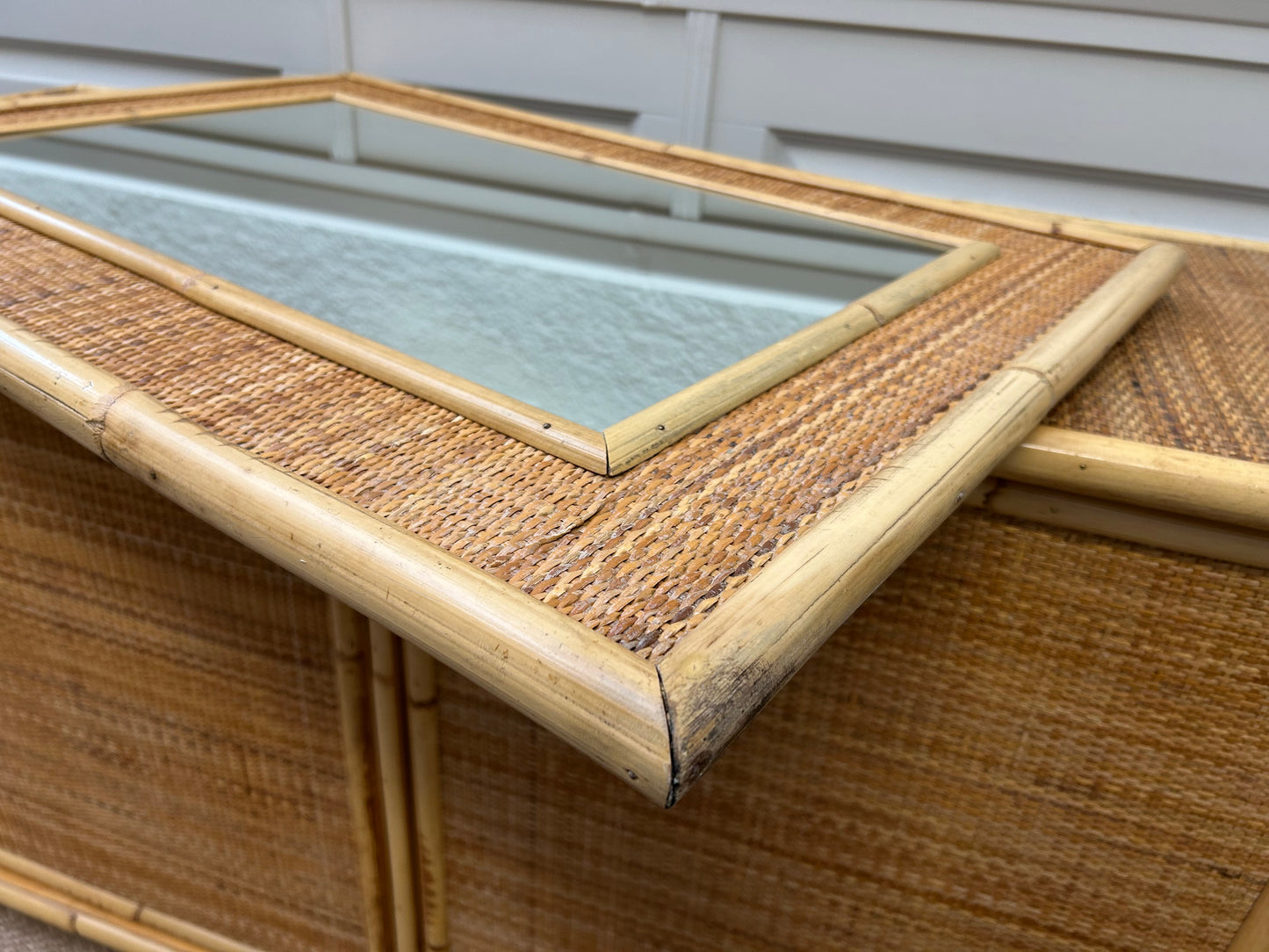 Bamboo & Rattan Wicker Wall Mirror, attr. to Dal Vera, Italy, 1970's