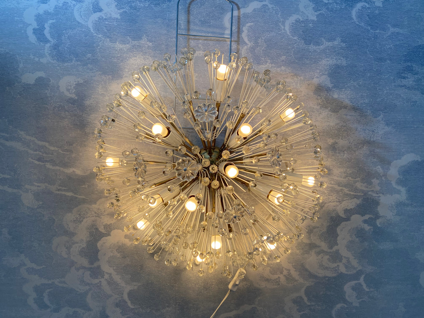 XL Stejnar Flush Mount Dandelion / Snowball Ceiling or Wall Light with Cut-Glass Crystals, Austria 1960s