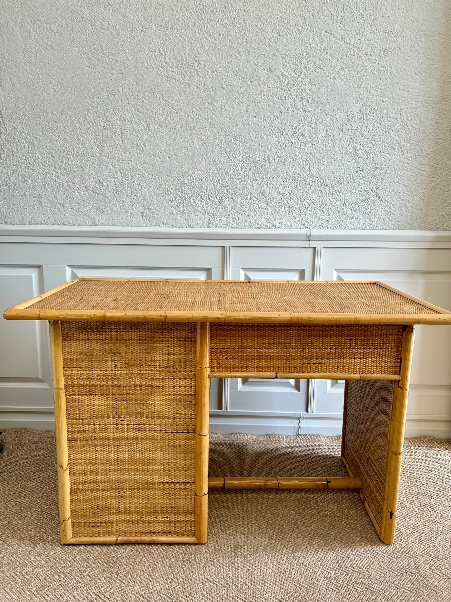 Bamboo & Rattan Wicker Desk with 5 Drawers by Dal Vera, Italy, 1970's