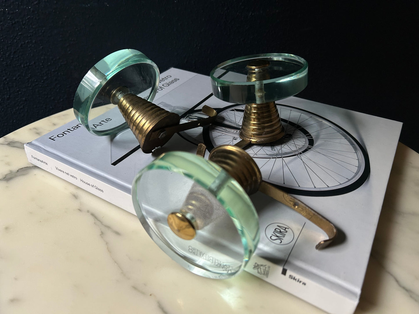 Set of 3 Fontana Arte Coat Hooks (Round) 1950s, Mid-Century Brass & Crystal