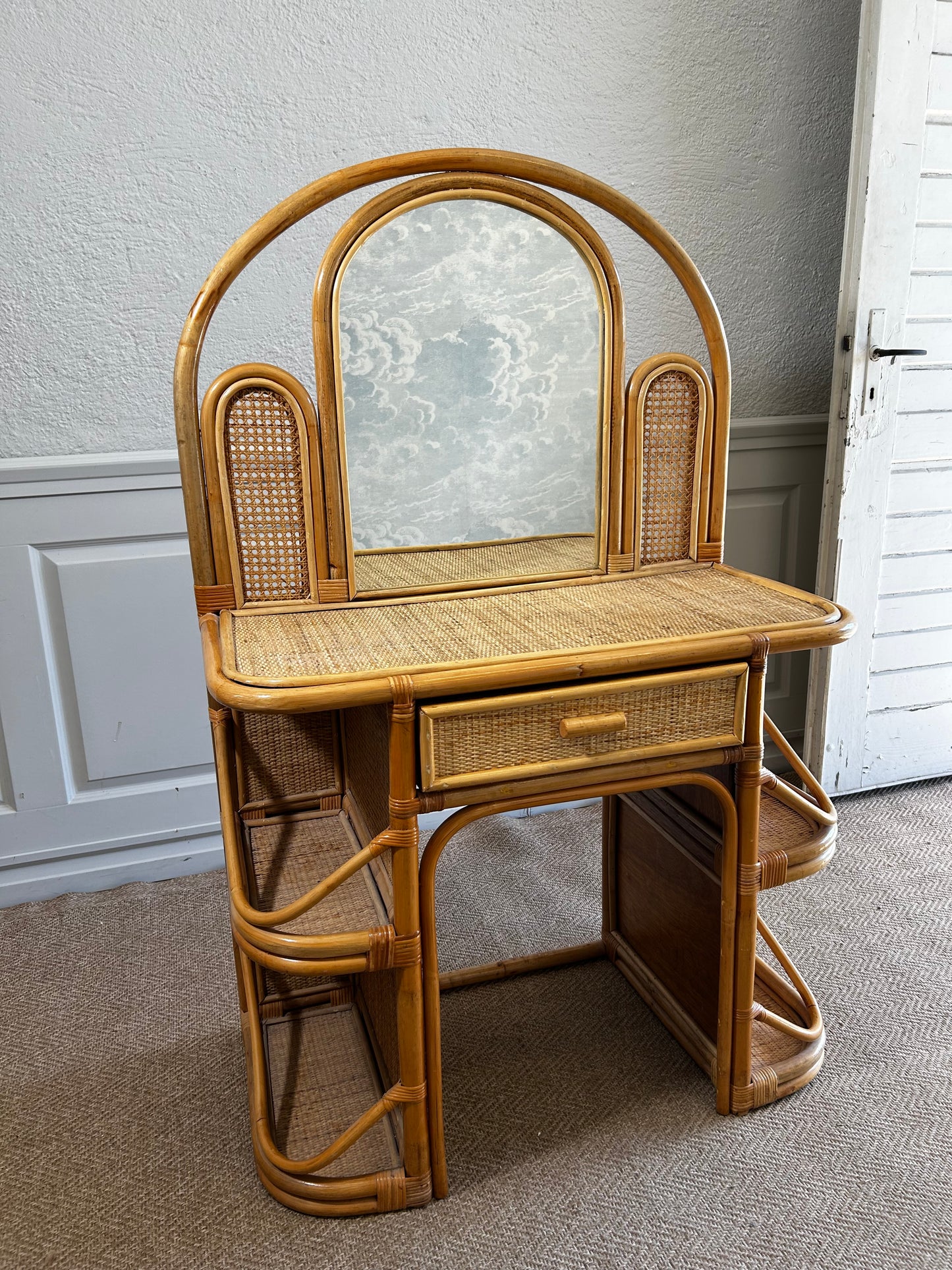 Bamboo and Rattan Vanity / Dressing Table with Drawer and Mirror, 1970's Mid-century Modern