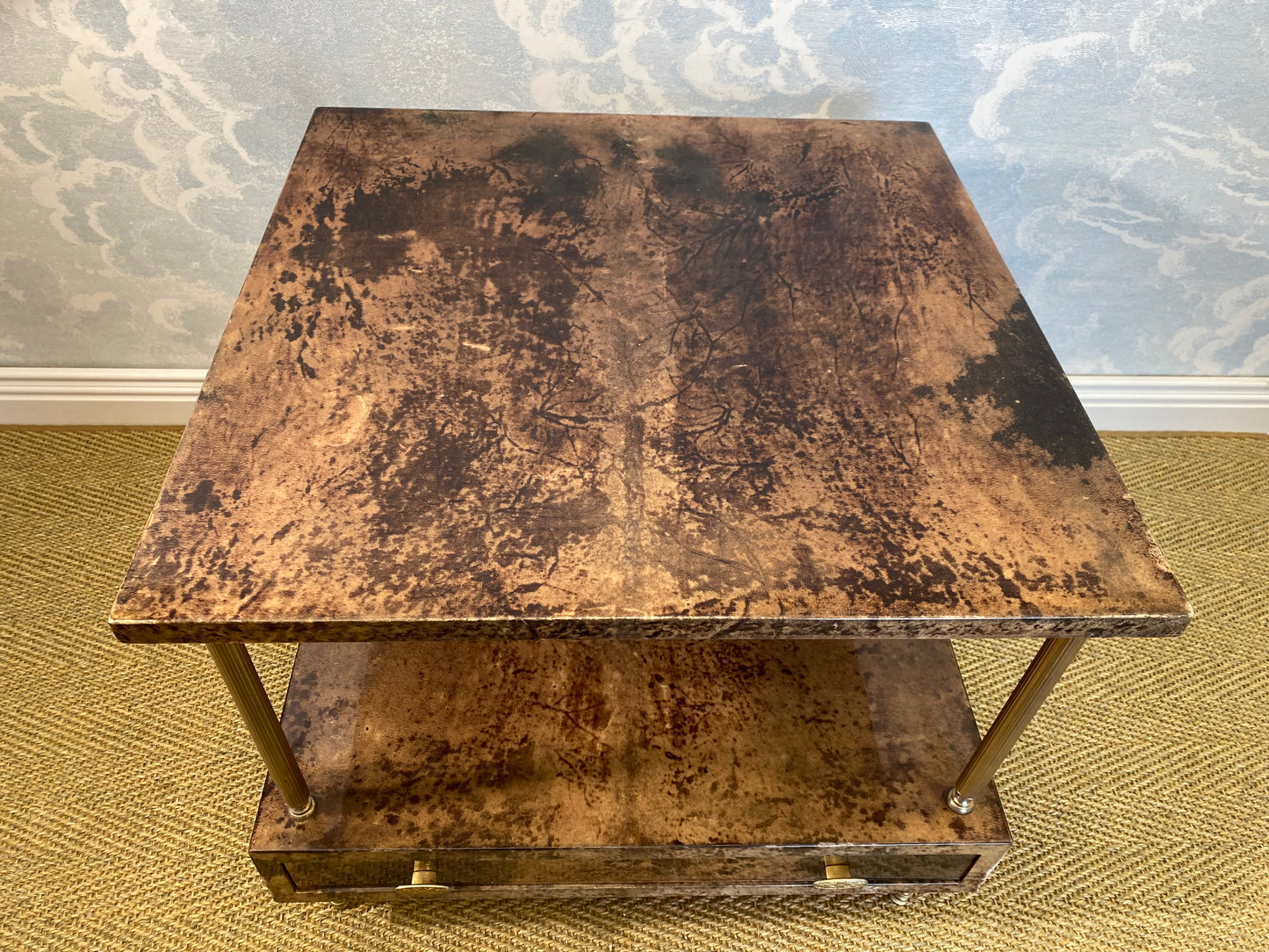 Aldo Tura Side Table in Hazel Brown Tones with Brass Legs and Bottom Drawer