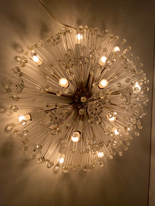 XL Stejnar Flush Mount Dandelion / Snowball Ceiling or Wall Light with Cut-Glass Crystals, Austria 1960s