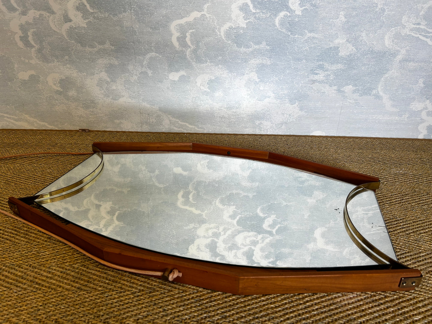 Wall Mirror with Brass Detail and Leather Mounting, Vetreria Andreini, Ravenna, Italy, 1950's
