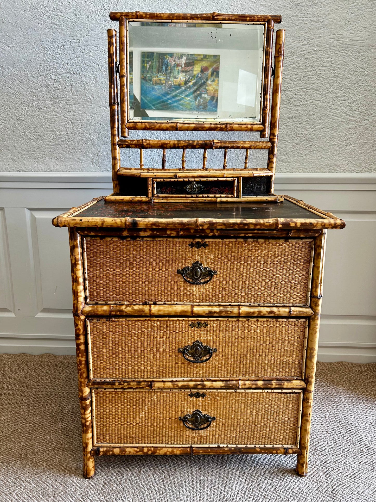 Victorian Tiger Bamboo, Cane & Chinoiserie Dressing Table With Drawers, England 1880's, Aesthetic Movement