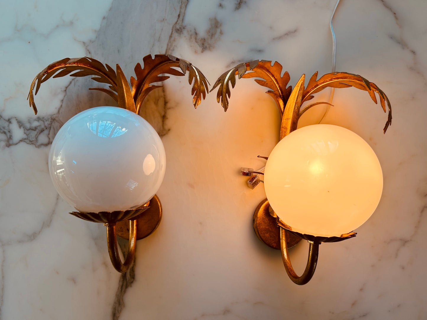 Pair of Hollywood Regency Palm Leaf Sconces with Opaque Globes by Hans Kögl, Germany, 1970s