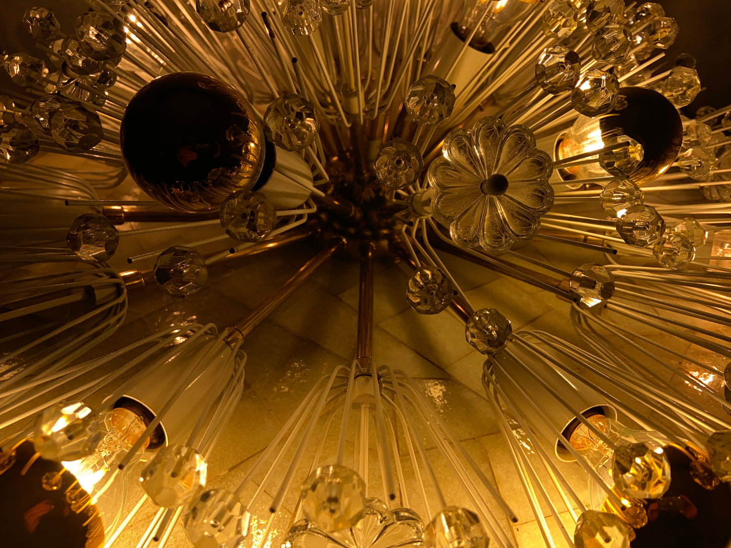 XL Stejnar Flush Mount Dandelion / Snowball Ceiling or Wall Light with Cut-Glass Crystals, Austria 1960s