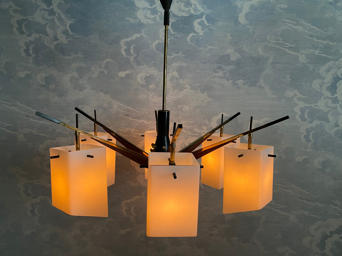 6-Armed Chandelier with Frosted Glass Shades, Stilux, Italy, 1960s