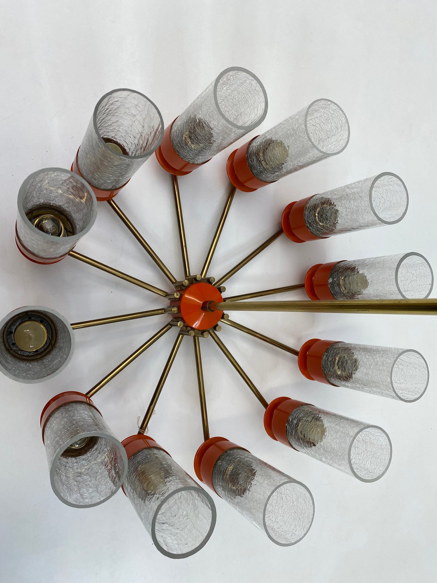 12-armed Chandelier With Ice Glass Shades And Brass Frame, Germany, 1970s