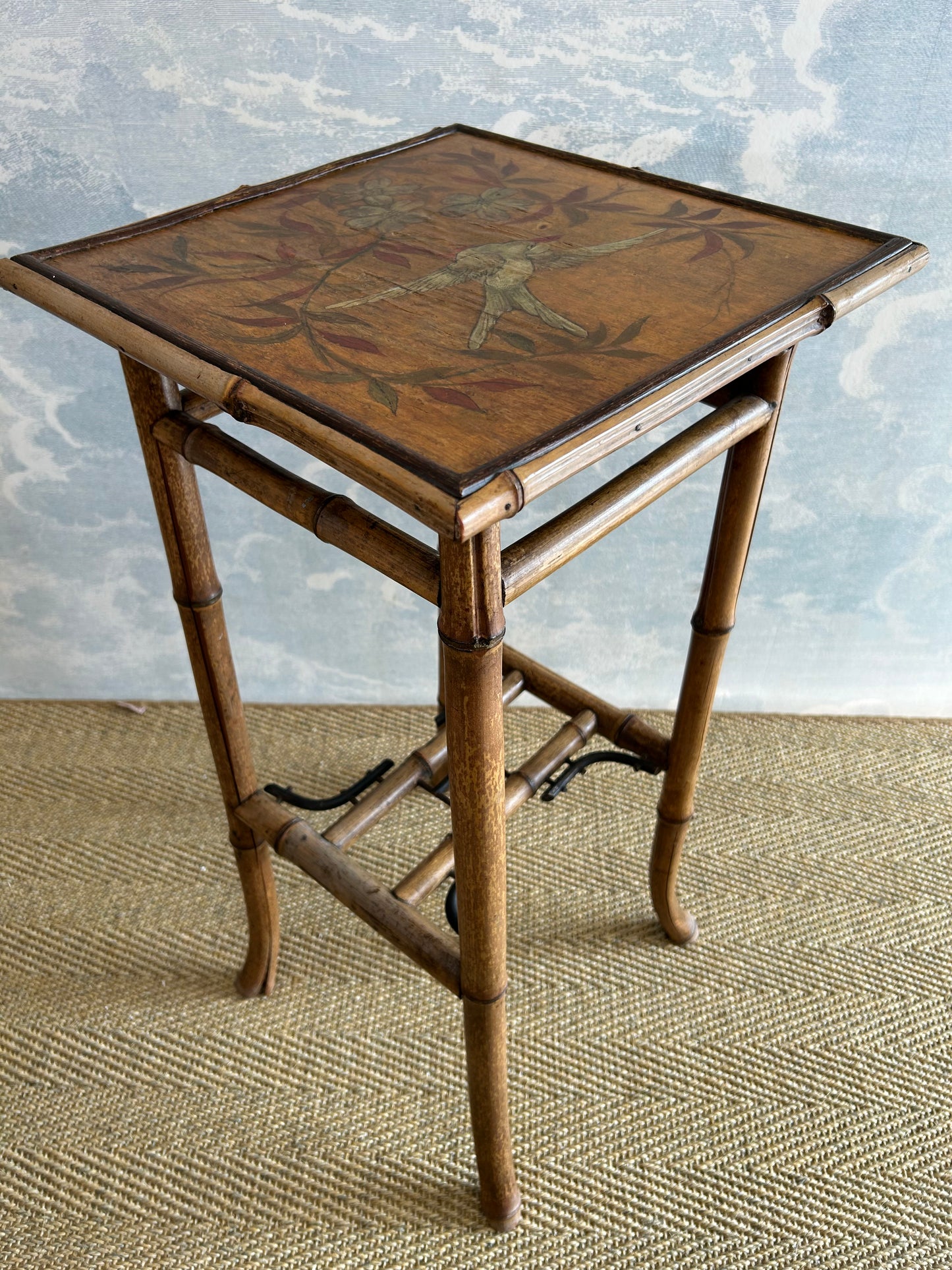 Bamboo Pedestal Table with Hand Painted Bird And Flower Motif, France, 19th Century