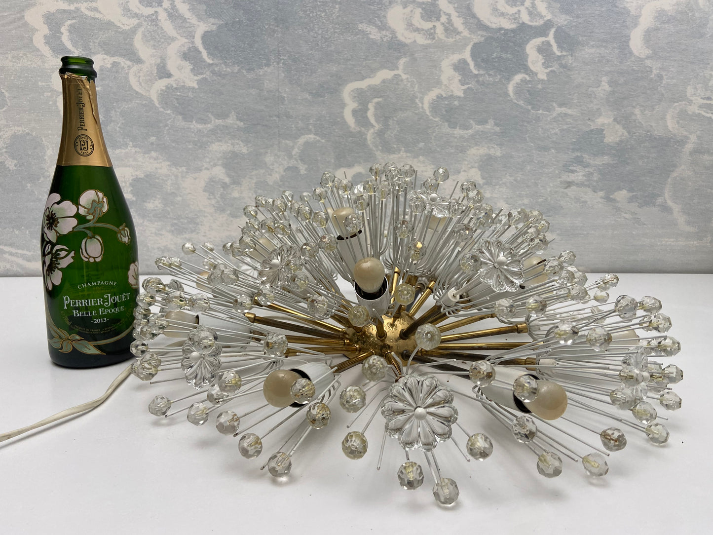 XL Stejnar Flush Mount Dandelion / Snowball Ceiling or Wall Light with Cut-Glass Crystals, Austria 1960s