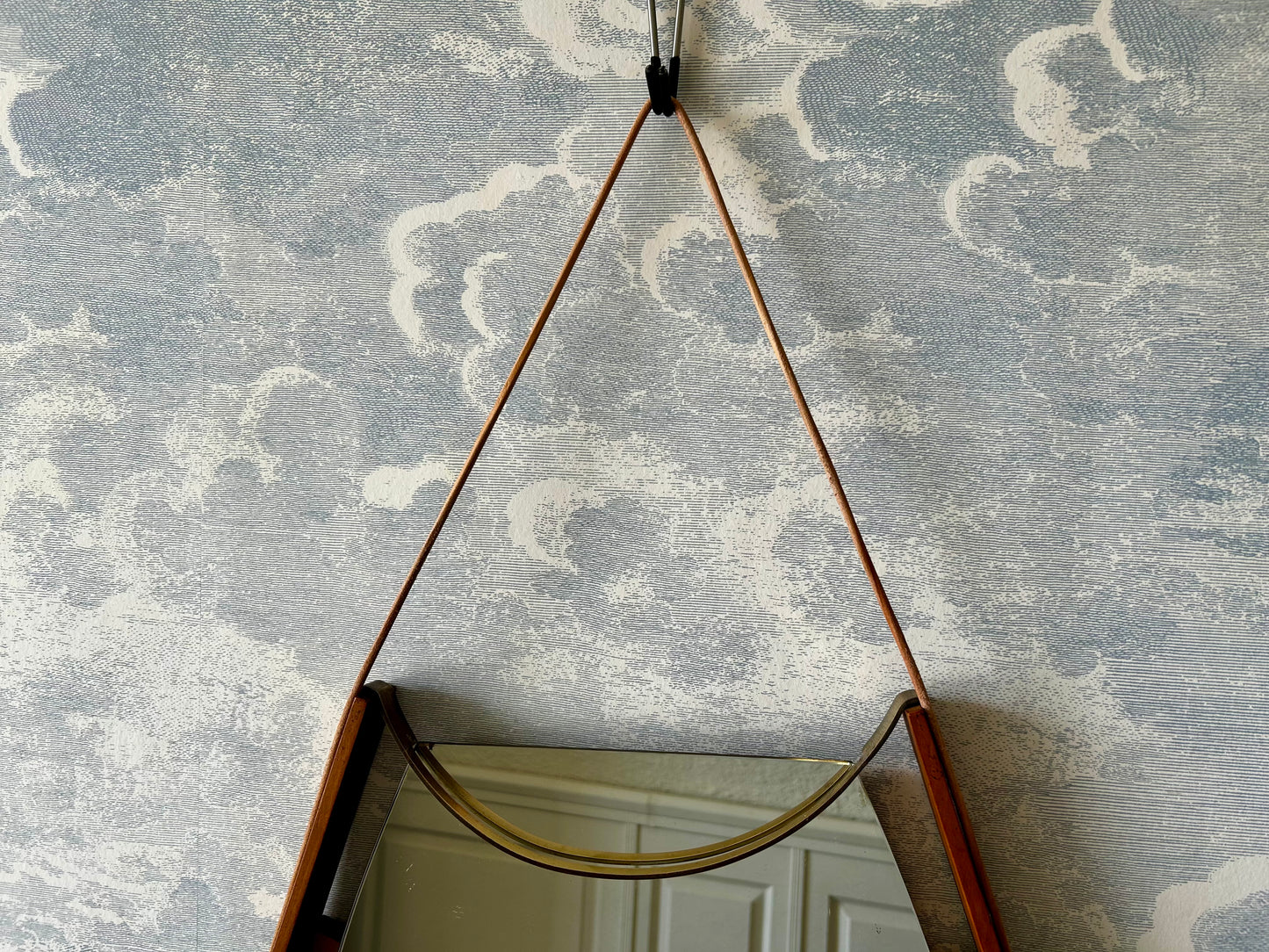 Wall Mirror with Brass Detail and Leather Mounting, Vetreria Andreini, Ravenna, Italy, 1950's