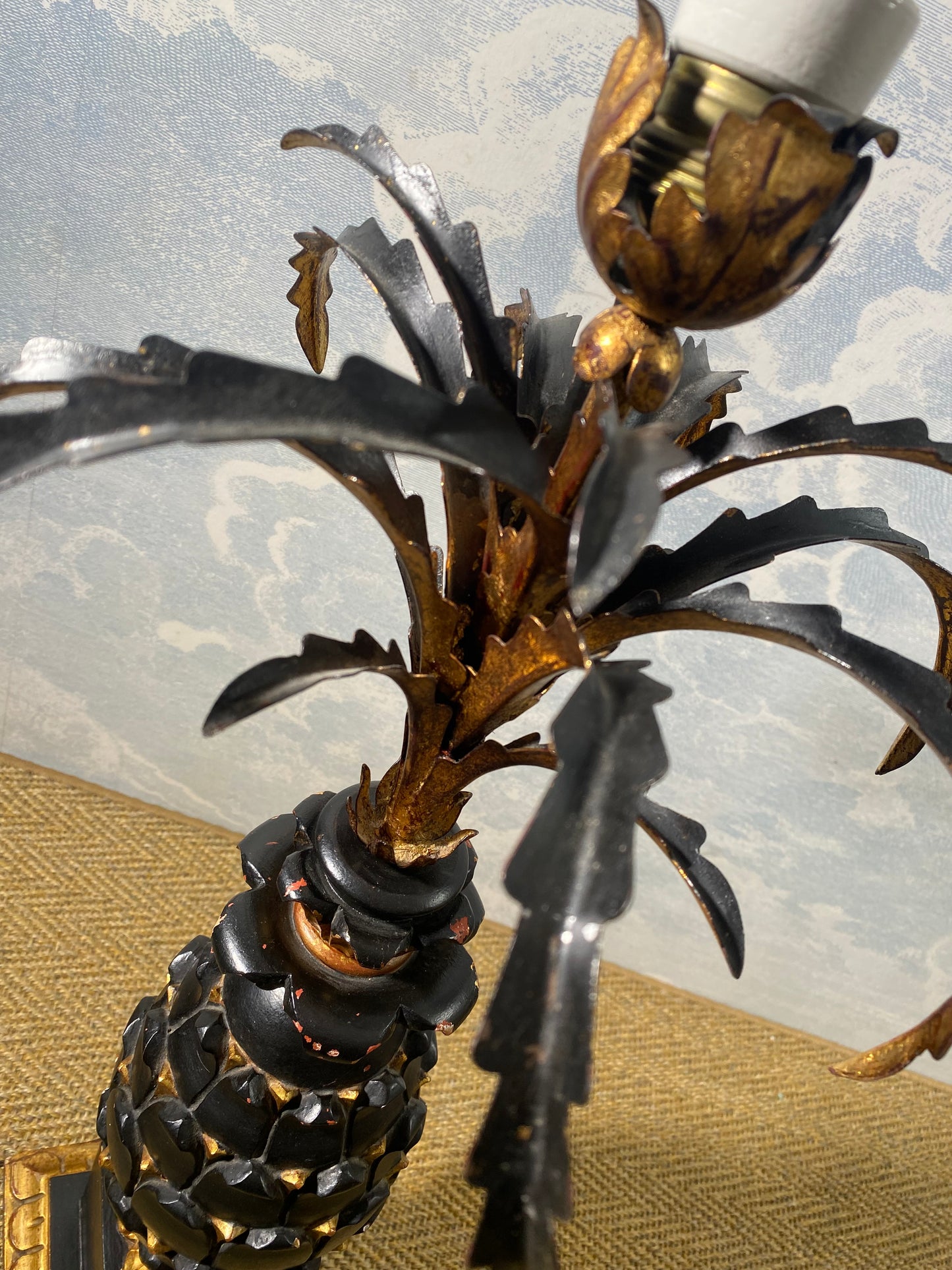 Large Carved Wood Pineapple Table Lamp in Black and Gold, France, early 20th Century