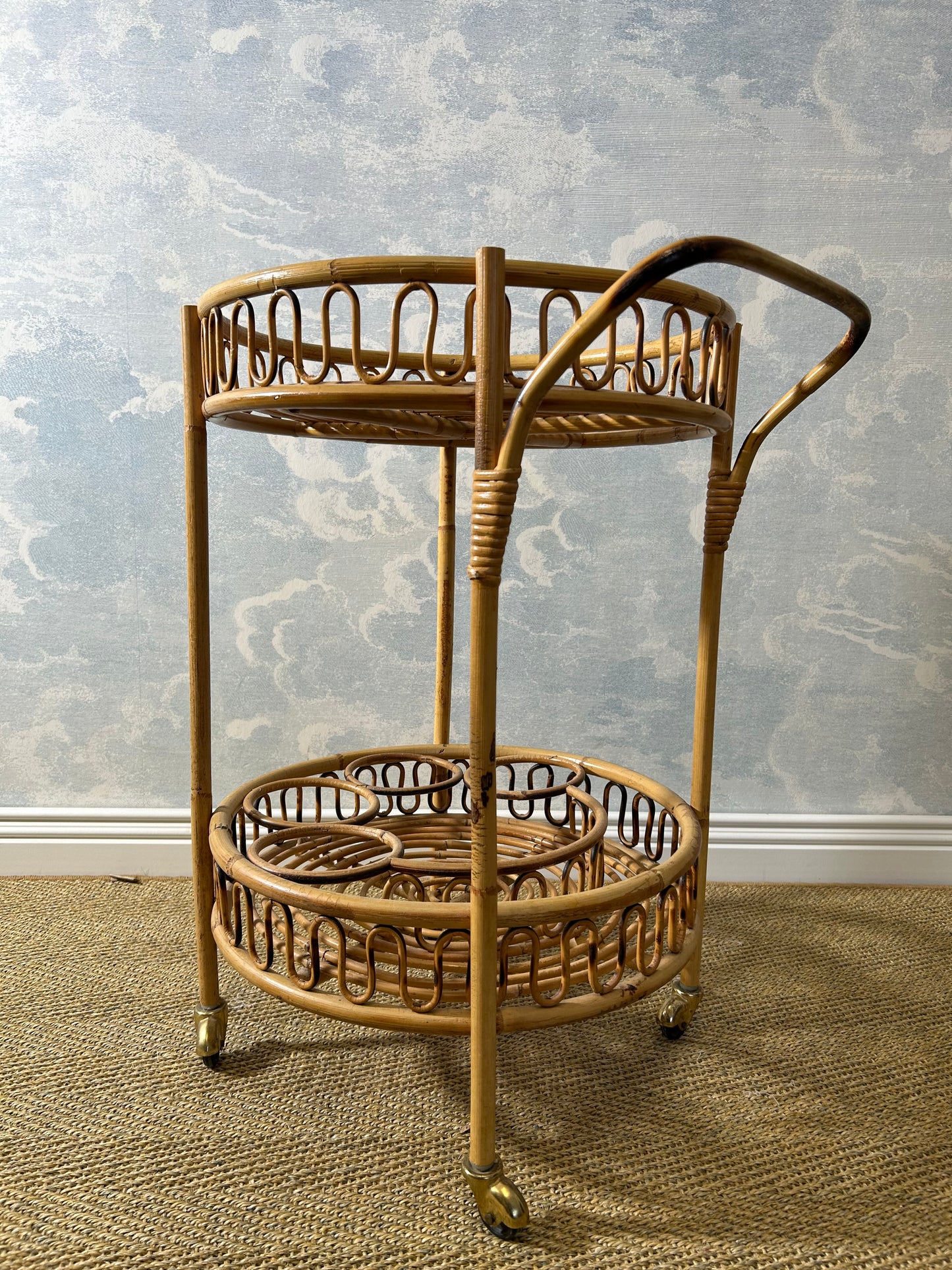 Round Bamboo Bar Cart in the Style of Franco Albini, Vintage 60s French Riviera