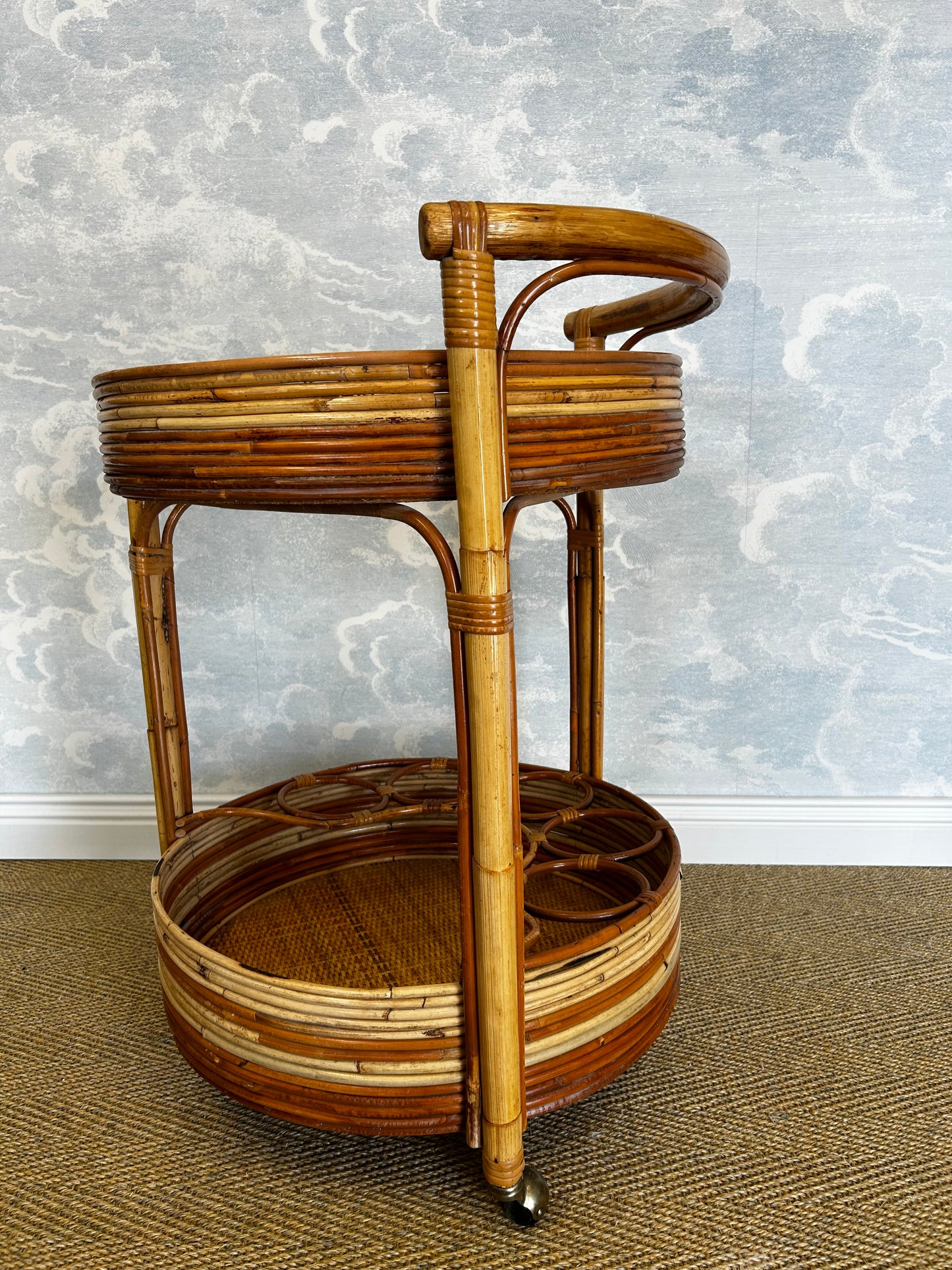 2-Tiered Round Bamboo Bar Cart in the Style of Vivai del Sud, Italy, 1960's