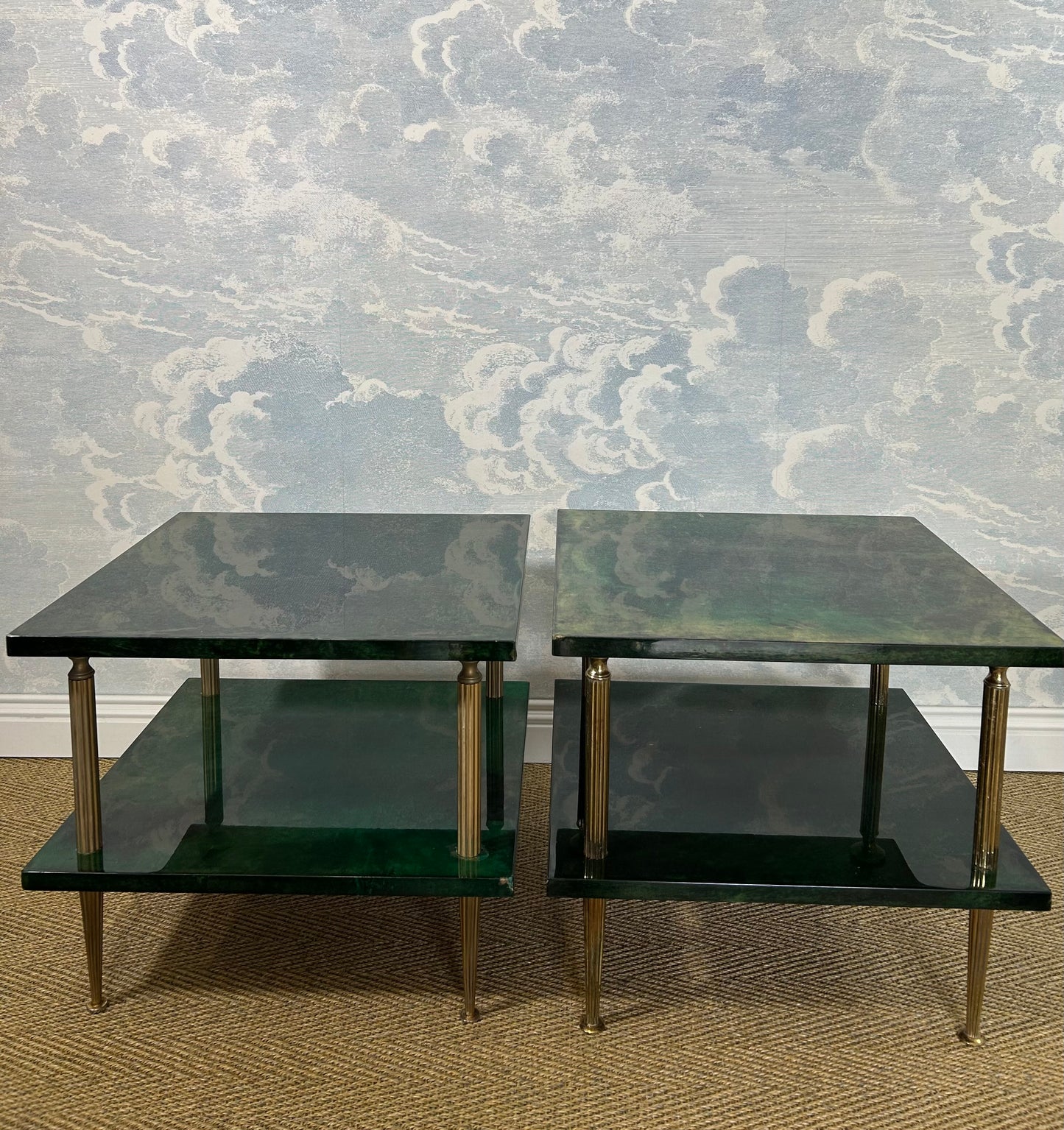Pair of Green Aldo Tura Side Tables with Brass Columns, Italy 1960's