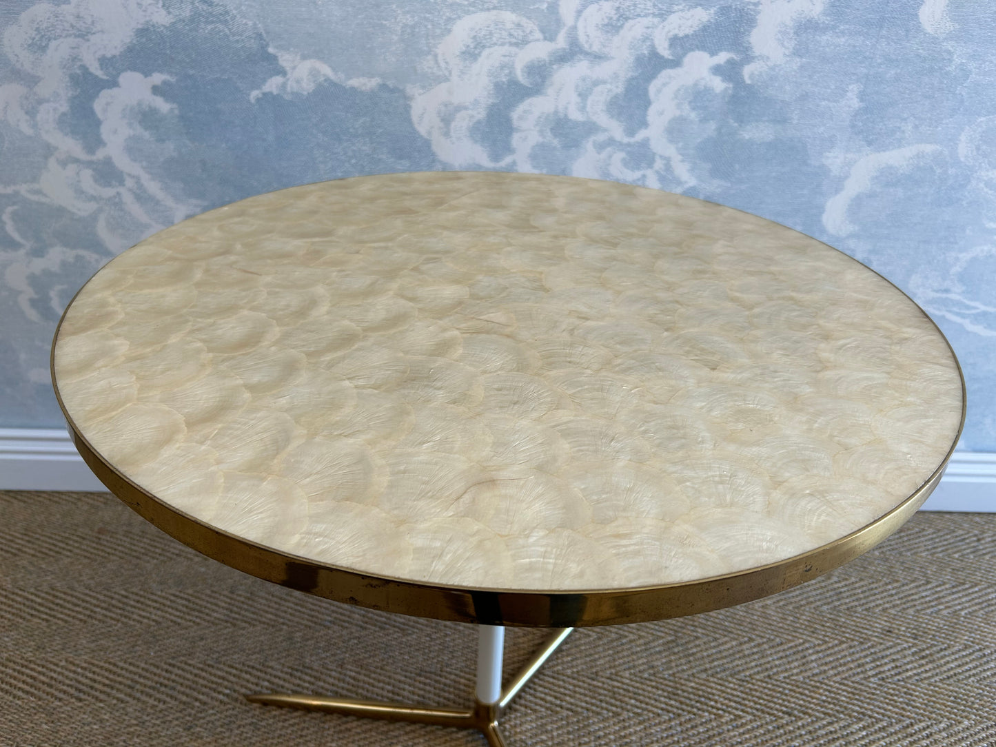 Capiz Shell Side Table with Brass Tripod Base by Vereinigte Werkstätten Munich, Germany, 1960s