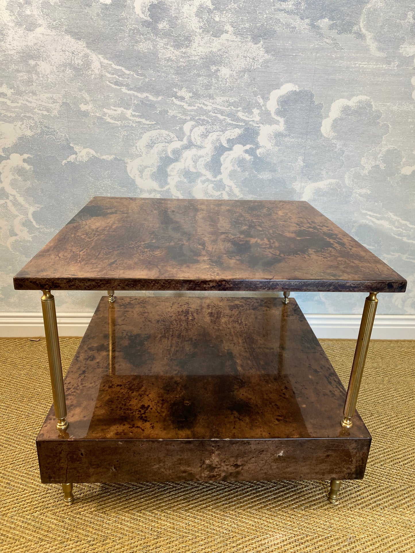 Aldo Tura Side Table in Hazel Brown Tones with Brass Legs and Bottom Drawer