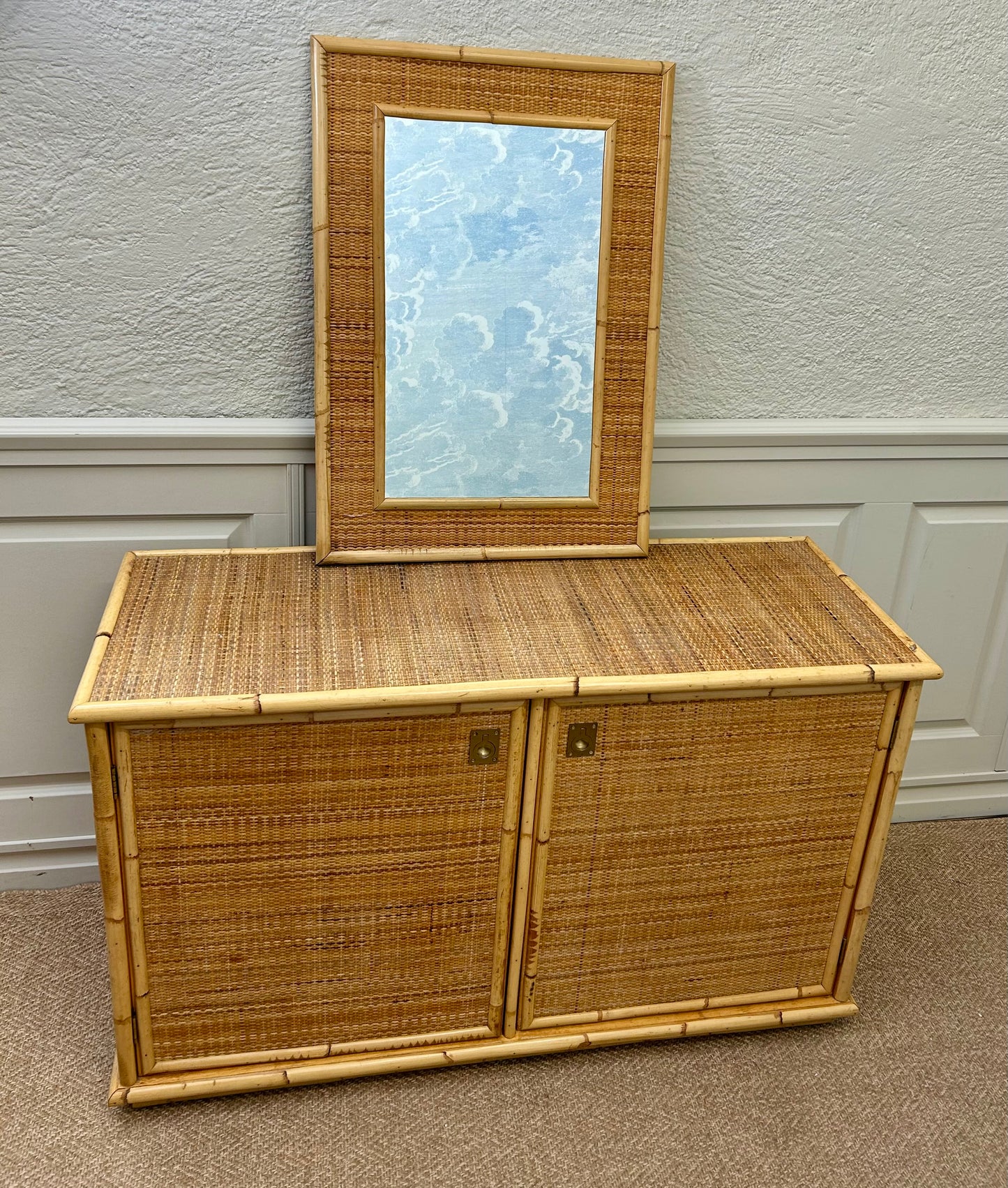 Bamboo & Rattan Wicker Wall Mirror, attr. to Dal Vera, Italy, 1970's