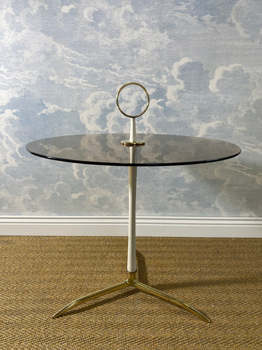 Smoked Glass Coffee Table with Brass Tripod Base by Vereinigte Werkstätten Munich, Germany, 1960s