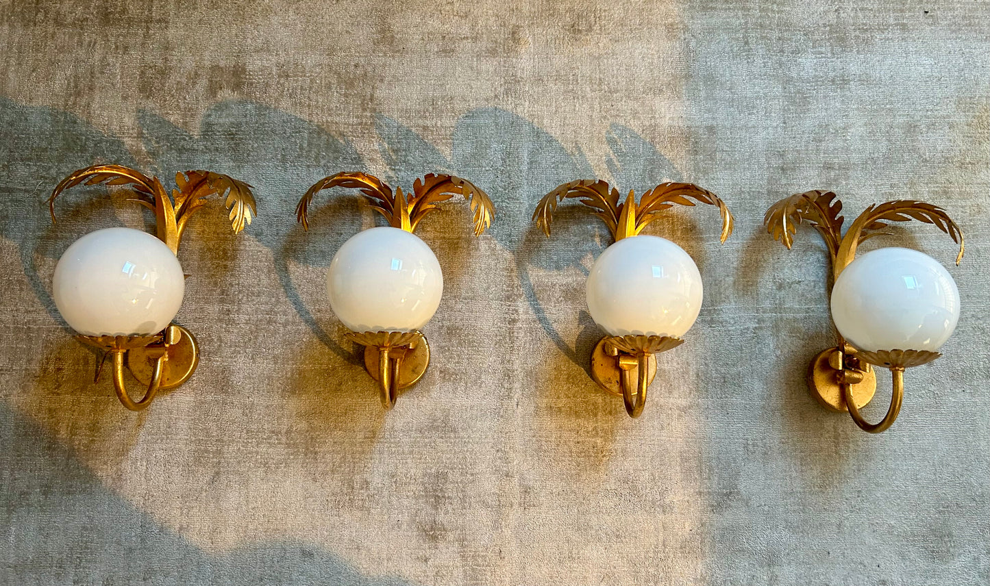 Pair of Hollywood Regency Palm Leaf Sconces with Opaque Globes by Hans Kögl, Germany, 1970s