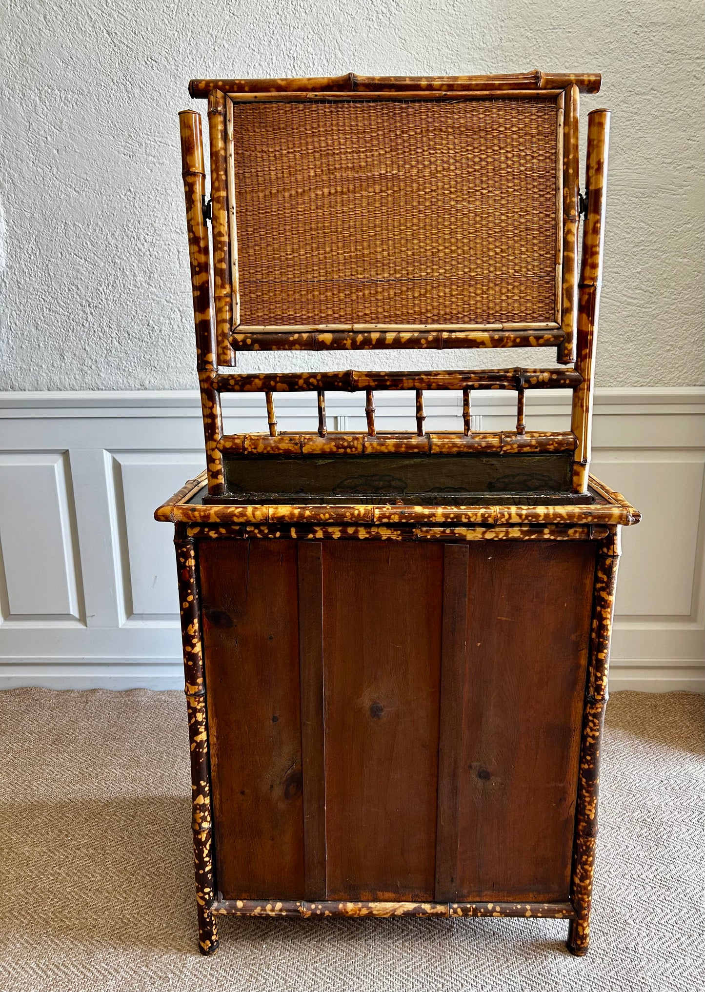 Victorian Tiger Bamboo, Cane & Chinoiserie Dressing Table With Drawers, England 1880's, Aesthetic Movement