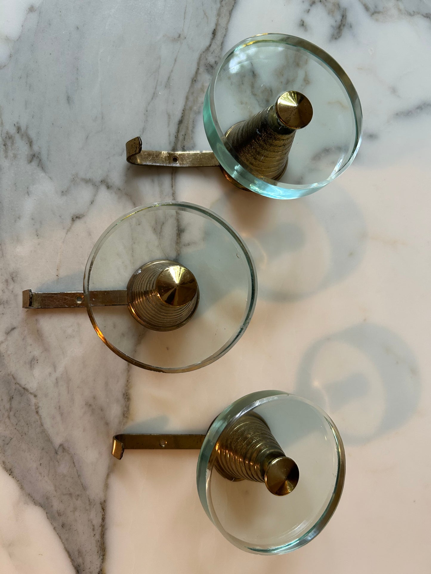Set of 3 Fontana Arte Coat Hooks (Round) 1950s, Mid-Century Brass & Crystal