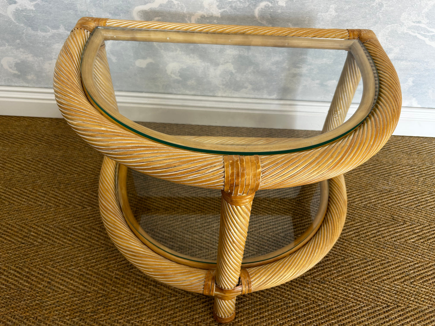 Two-Tiered Twisted Rattan Accent Table With Glass Shelves, 1970's