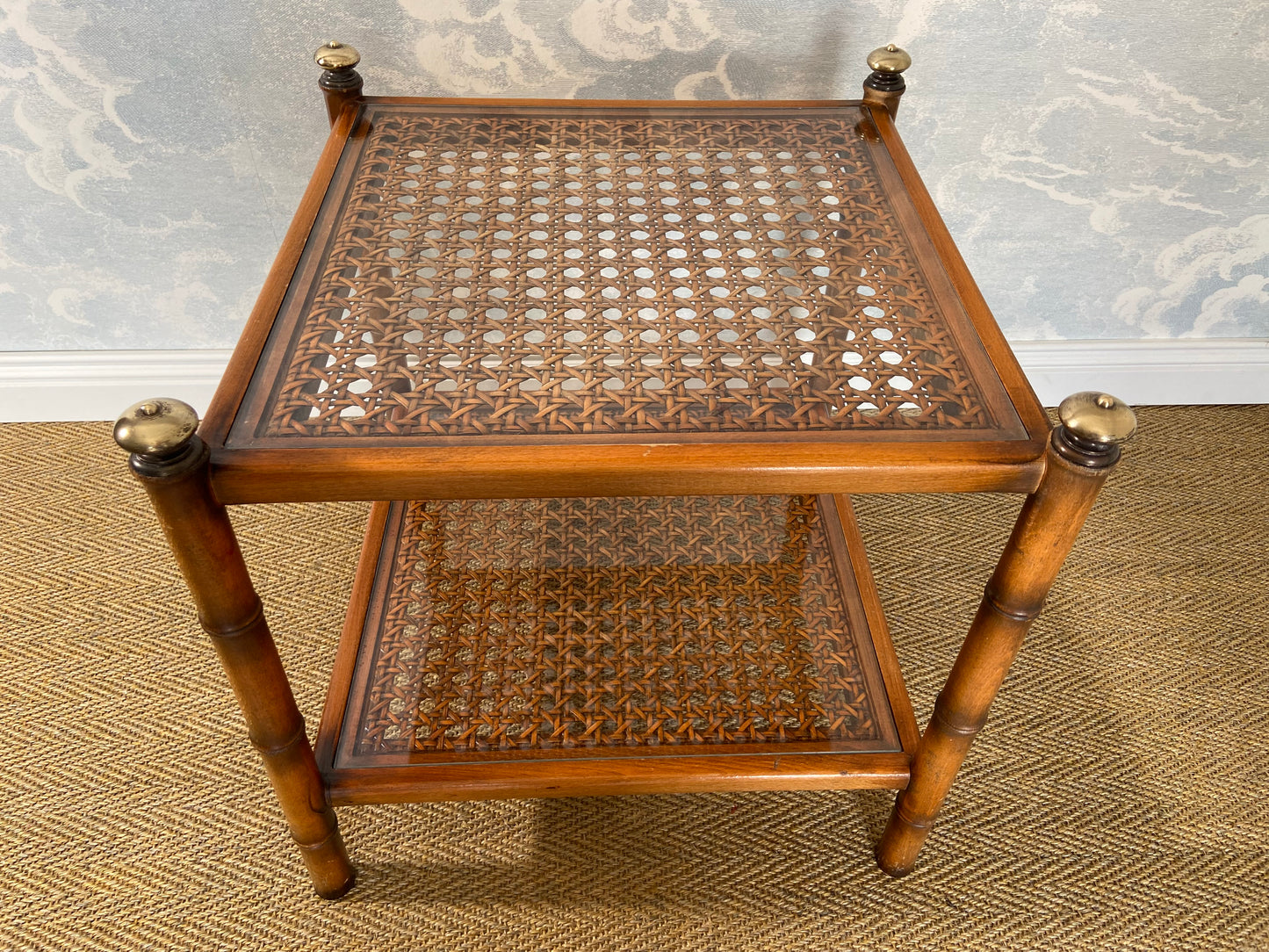 Faux Bamboo Side Table with Viennese Braiding and Glass Tops, Austria, 1960s