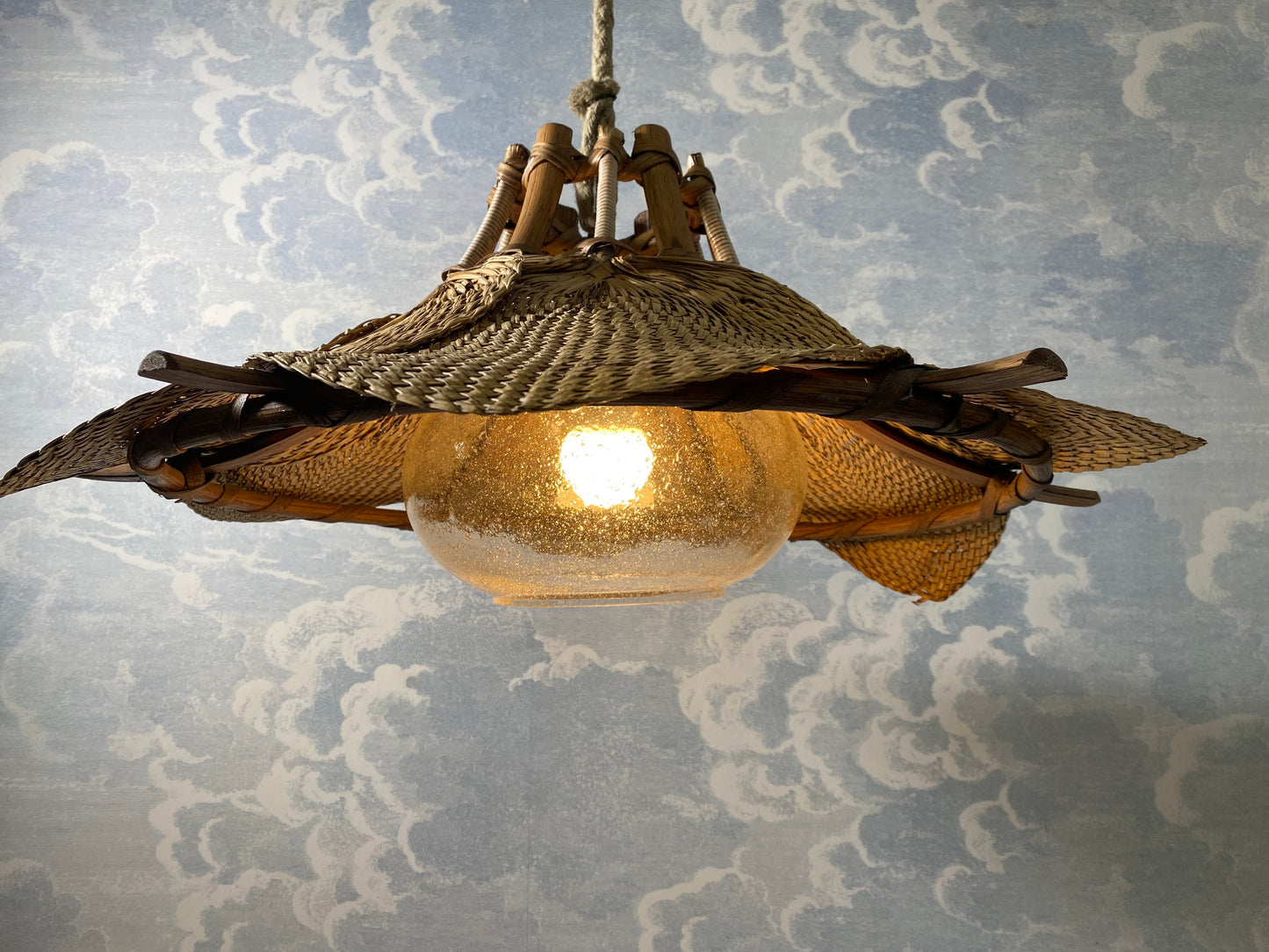 Woven Raffia Fan Pendant Lamp with Glass Shade, Germany, 1950s - possibly Ingo Maurer!