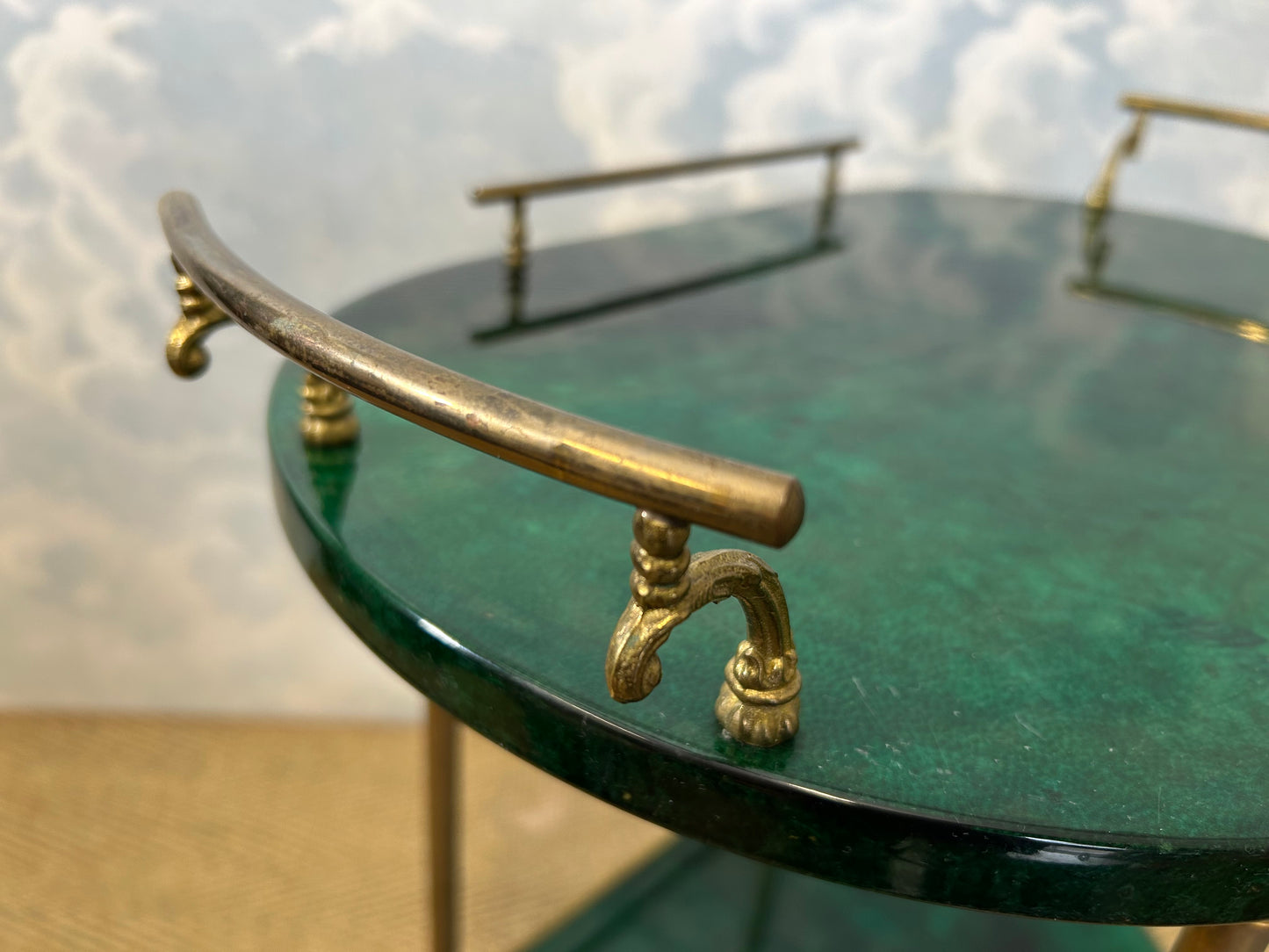 Petit Aldo Tura Bar Cart / Tea Trolley in Dark Green, Italy, 1960s, Hollywood Regency