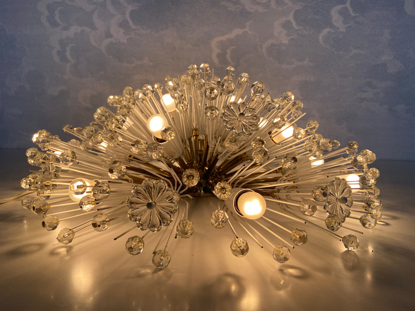 XL Stejnar Flush Mount Dandelion / Snowball Ceiling or Wall Light with Cut-Glass Crystals, Austria 1960s