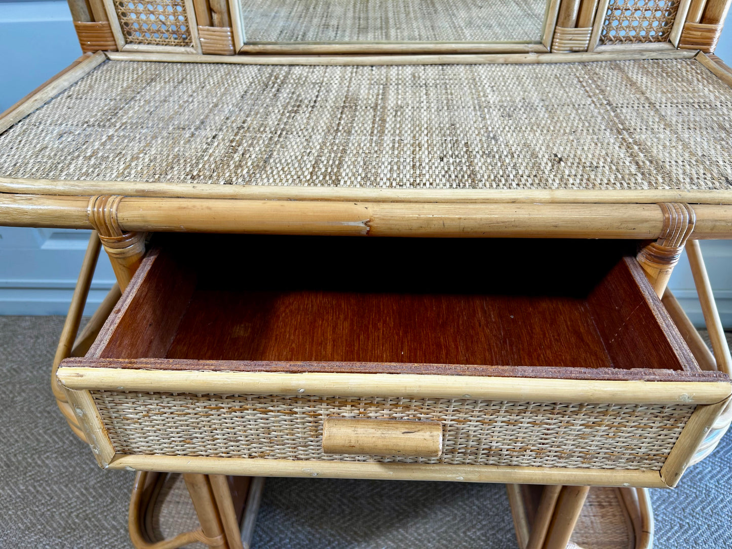 Bamboo and Rattan Vanity / Dressing Table with Drawer and Mirror, 1970's Mid-century Modern