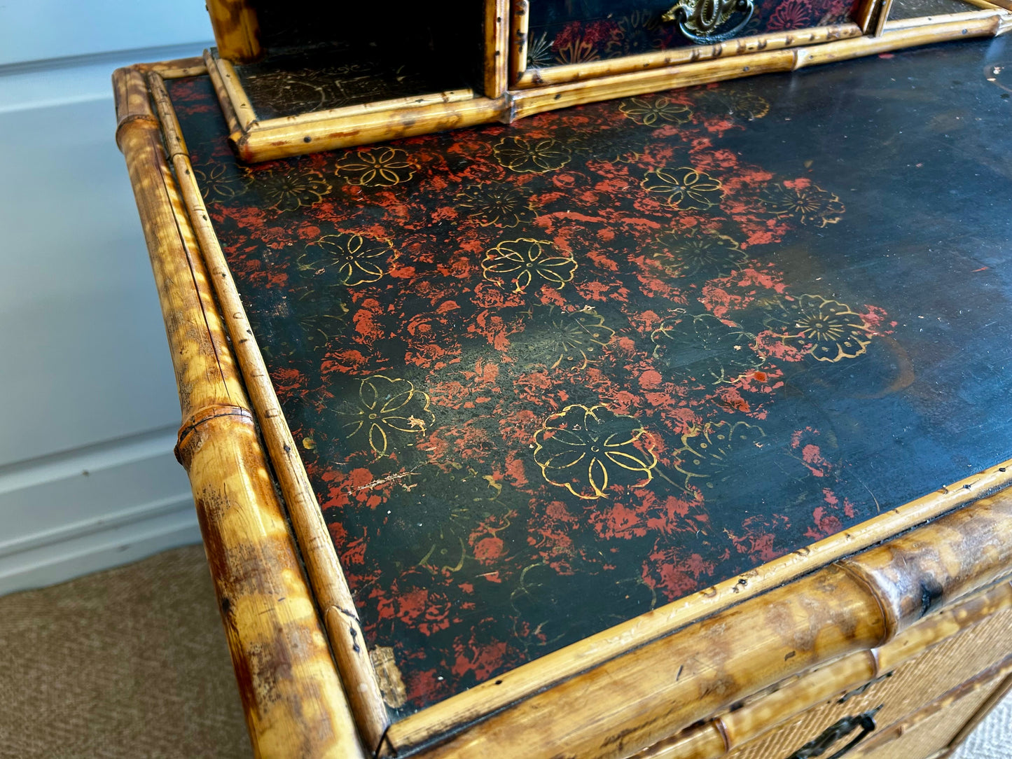 Victorian Tiger Bamboo, Cane & Chinoiserie Dressing Table With Drawers, England 1880's, Aesthetic Movement