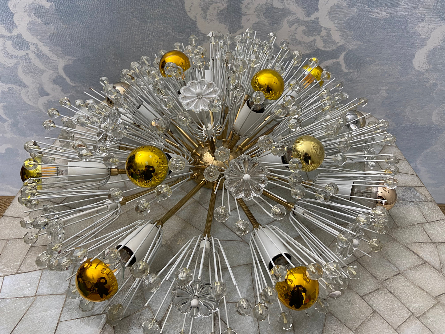 XL Stejnar Flush Mount Dandelion / Snowball Ceiling or Wall Light with Cut-Glass Crystals, Austria 1960s