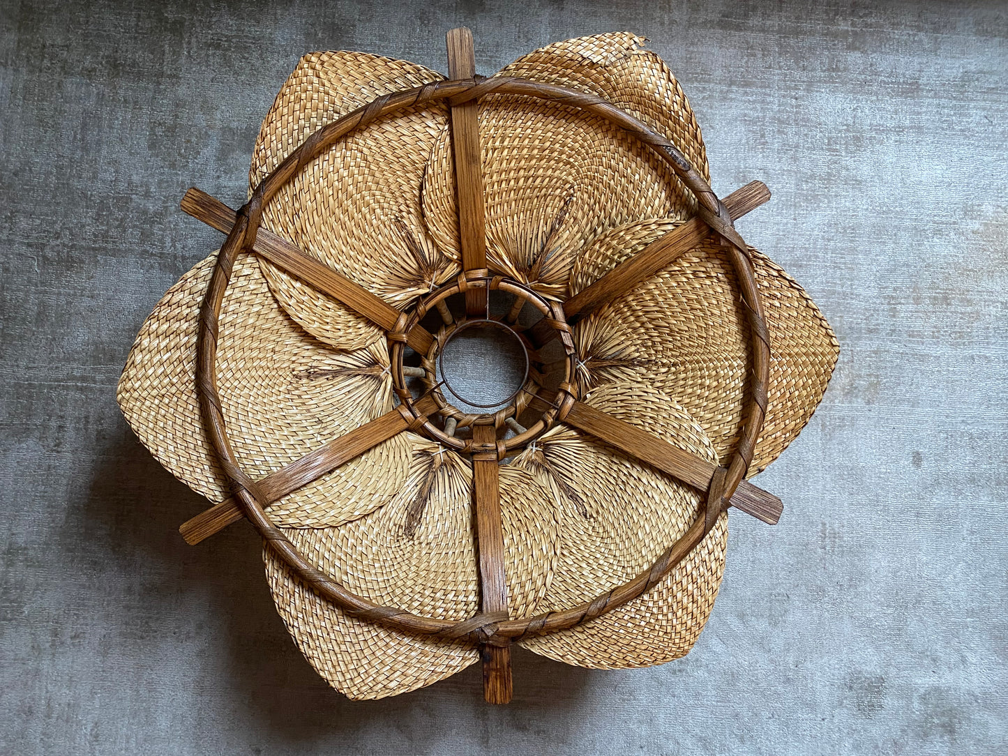 Woven Raffia Fan Pendant Lamp with Glass Shade, Germany, 1950s - possibly Ingo Maurer!