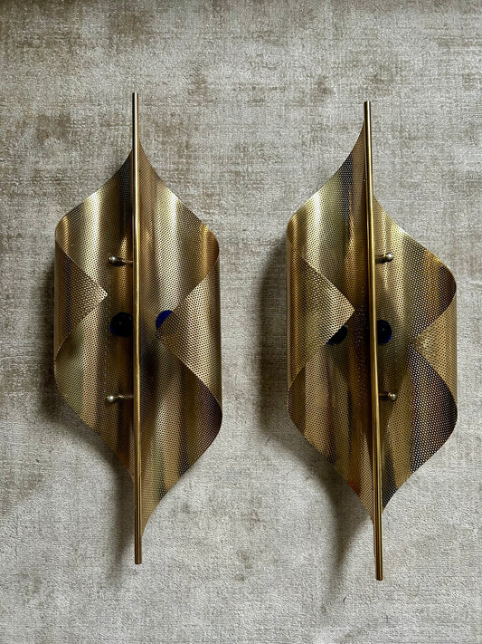 Pair of Perforated Brass Scones by Christoph Palme, Germany, 1980's