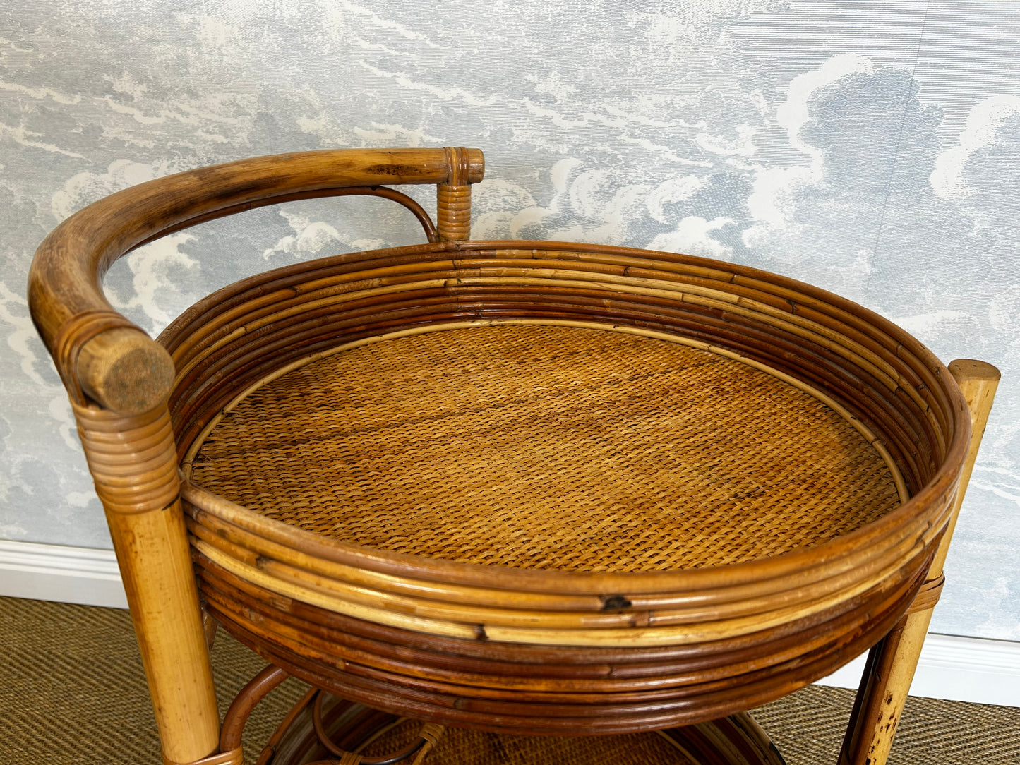 2-Tiered Round Bamboo Bar Cart in the Style of Vivai del Sud, Italy, 1960's