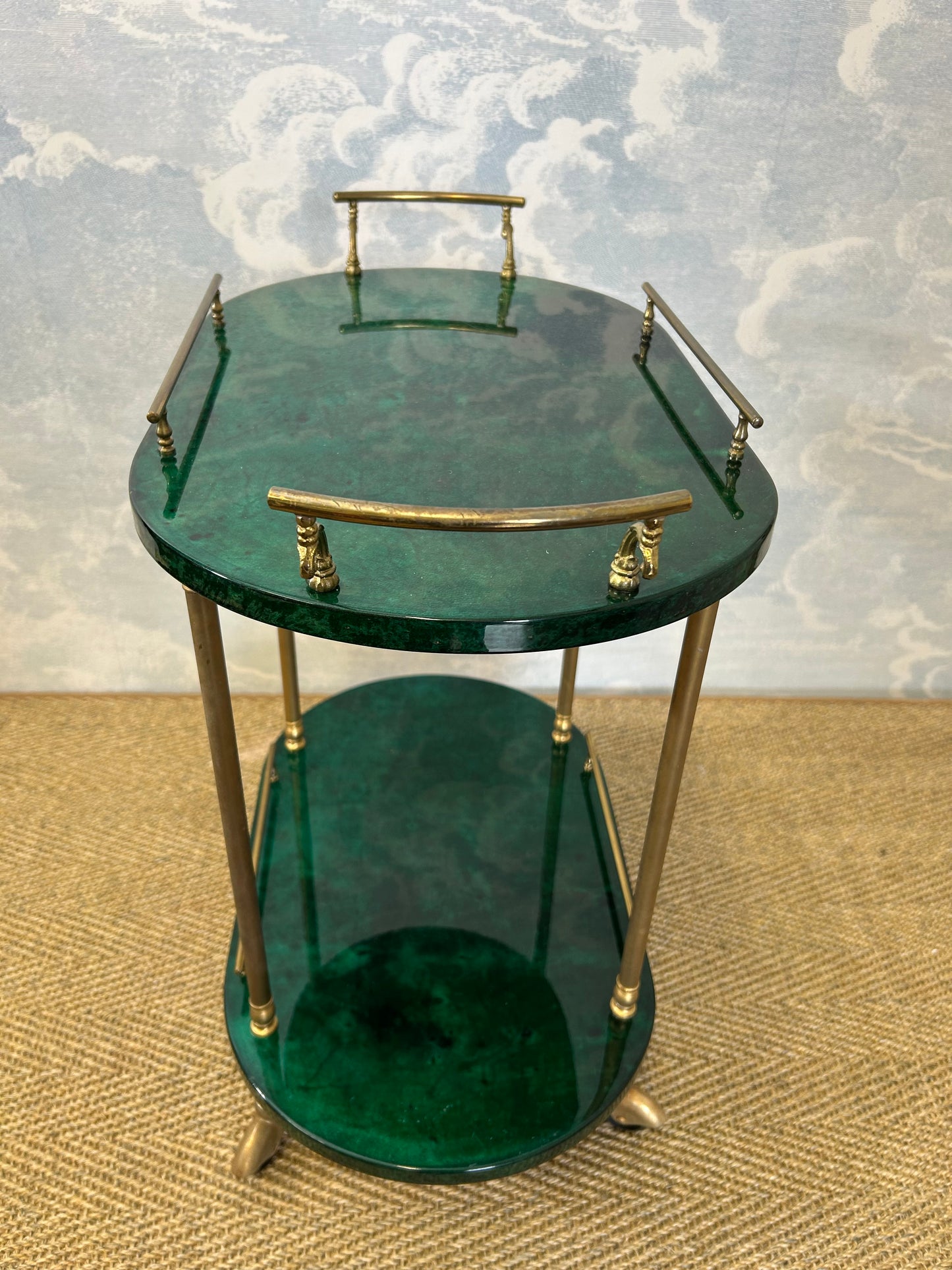 Petit Aldo Tura Bar Cart / Tea Trolley in Dark Green, Italy, 1960s, Hollywood Regency
