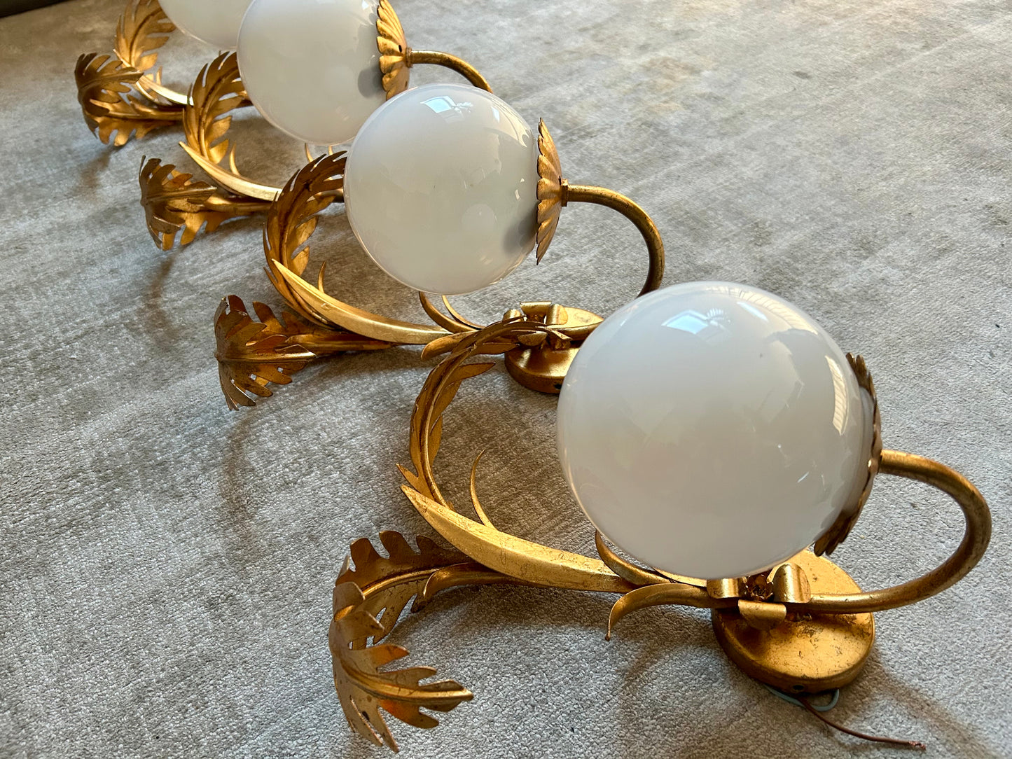 Pair of Hollywood Regency Palm Leaf Sconces with Opaque Globes by Hans Kögl, Germany, 1970s