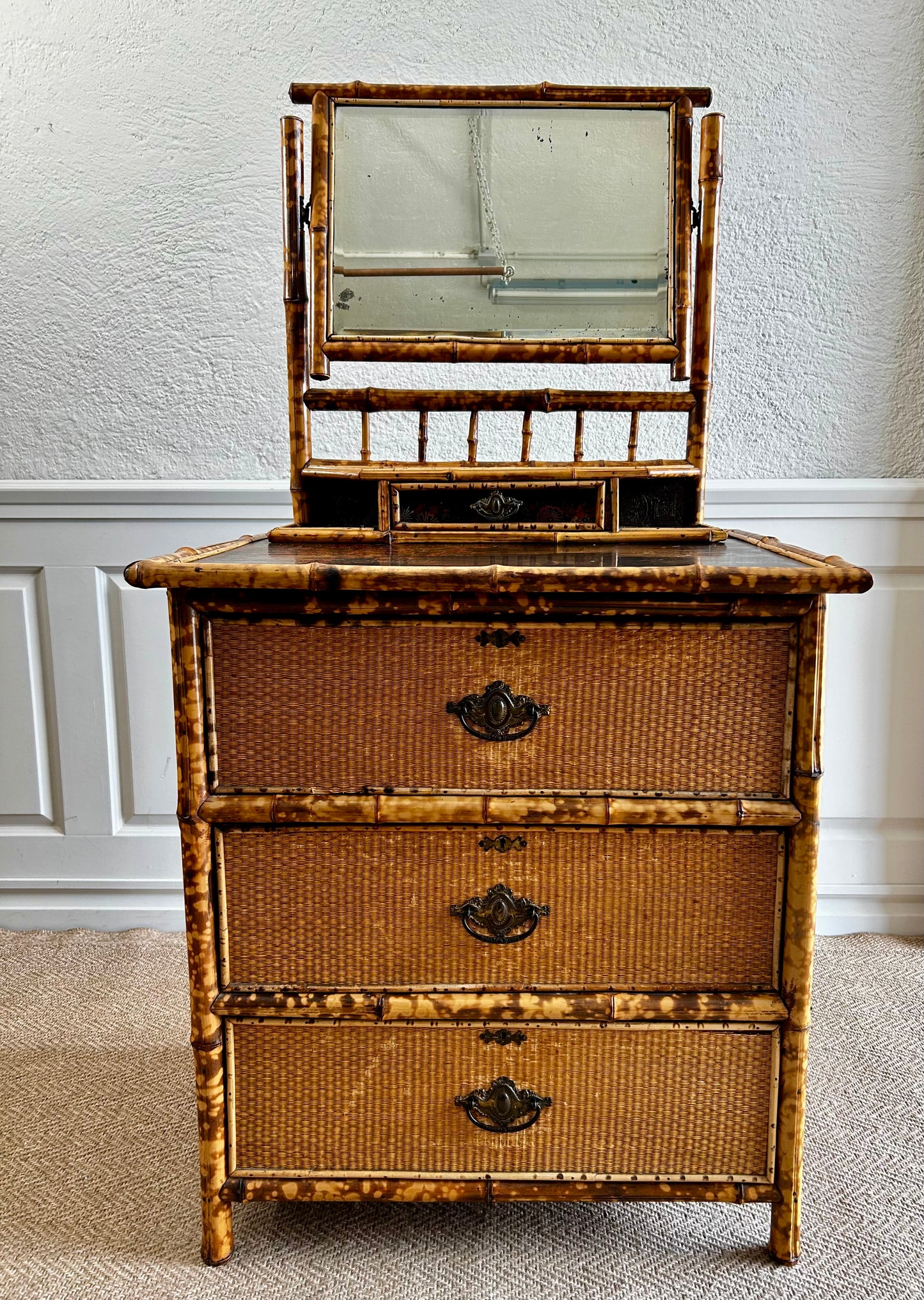 Victorian Tiger Bamboo, Cane & Chinoiserie Dressing Table With Drawers, England 1880's, Aesthetic Movement
