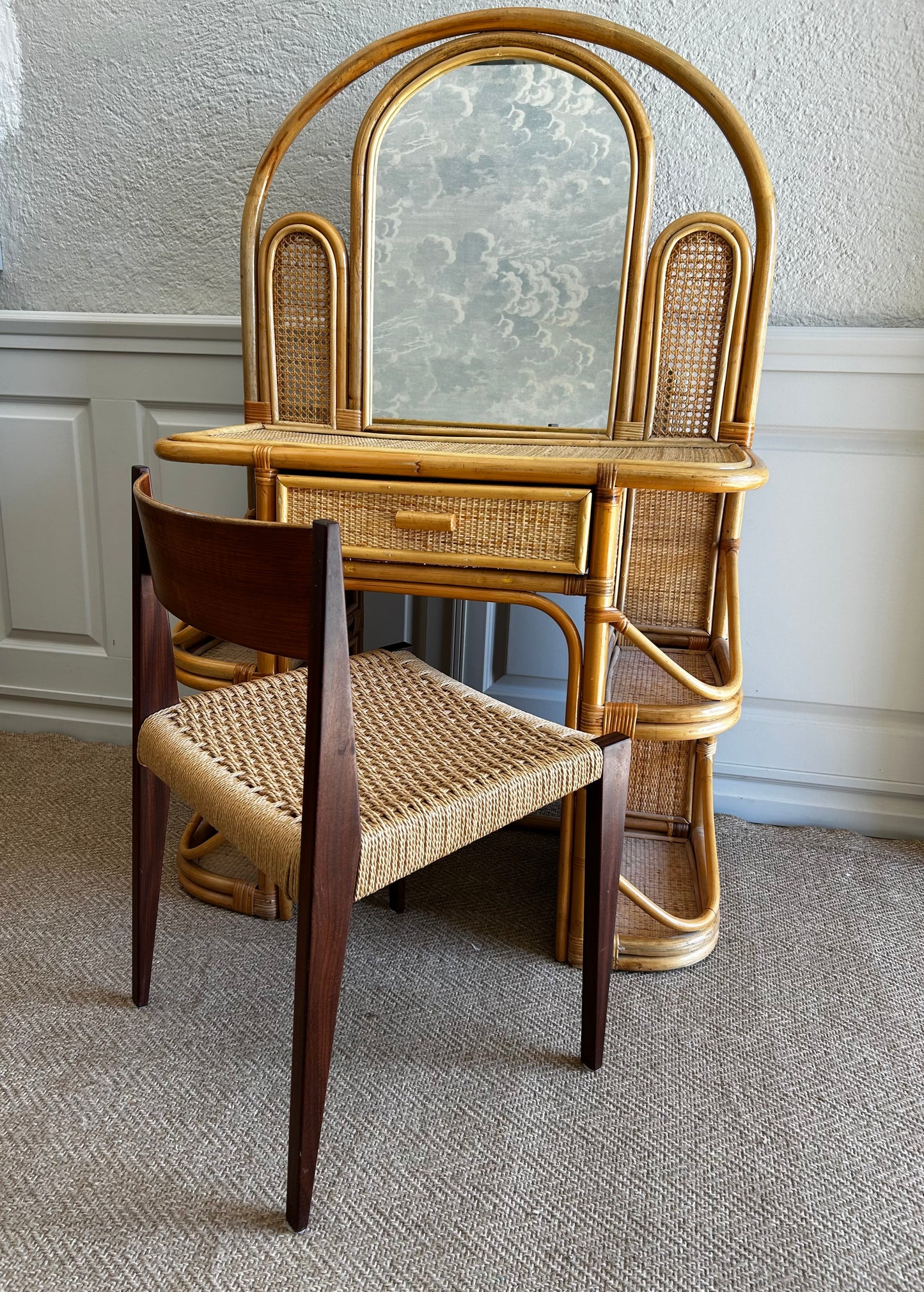 Bamboo and Rattan Vanity / Dressing Table with Drawer and Mirror, 1970's Mid-century Modern