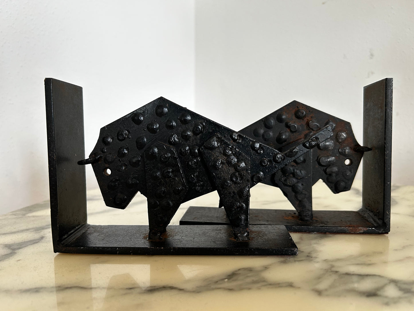 Pair of Brutalist Buffalo / Bison Bookends, Black Metal, Mid-Century