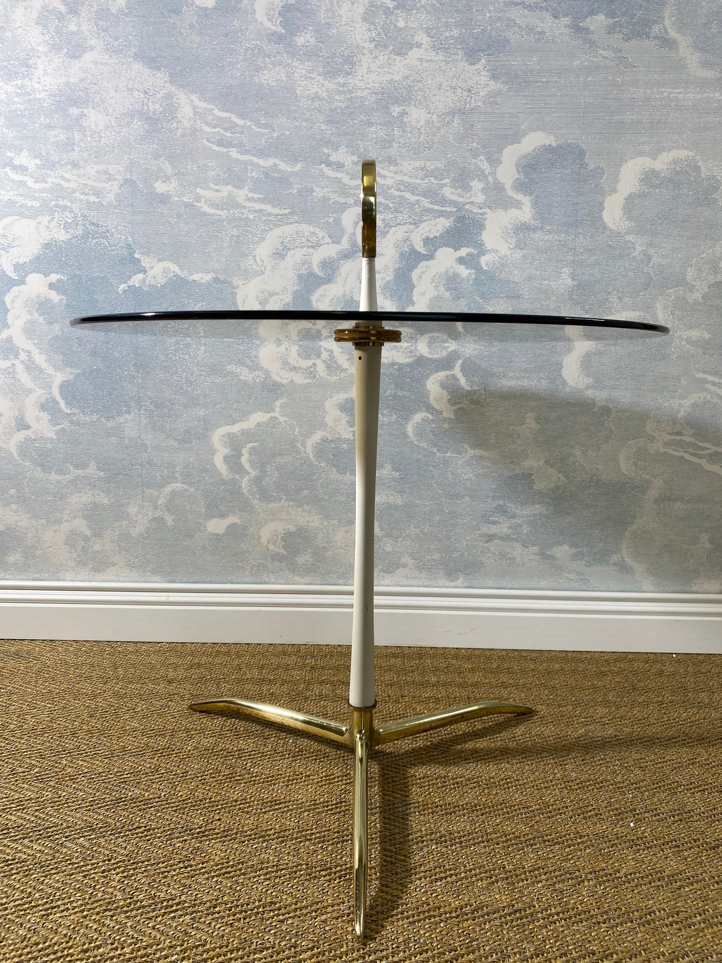 Smoked Glass Coffee Table with Brass Tripod Base by Vereinigte Werkstätten Munich, Germany, 1960s