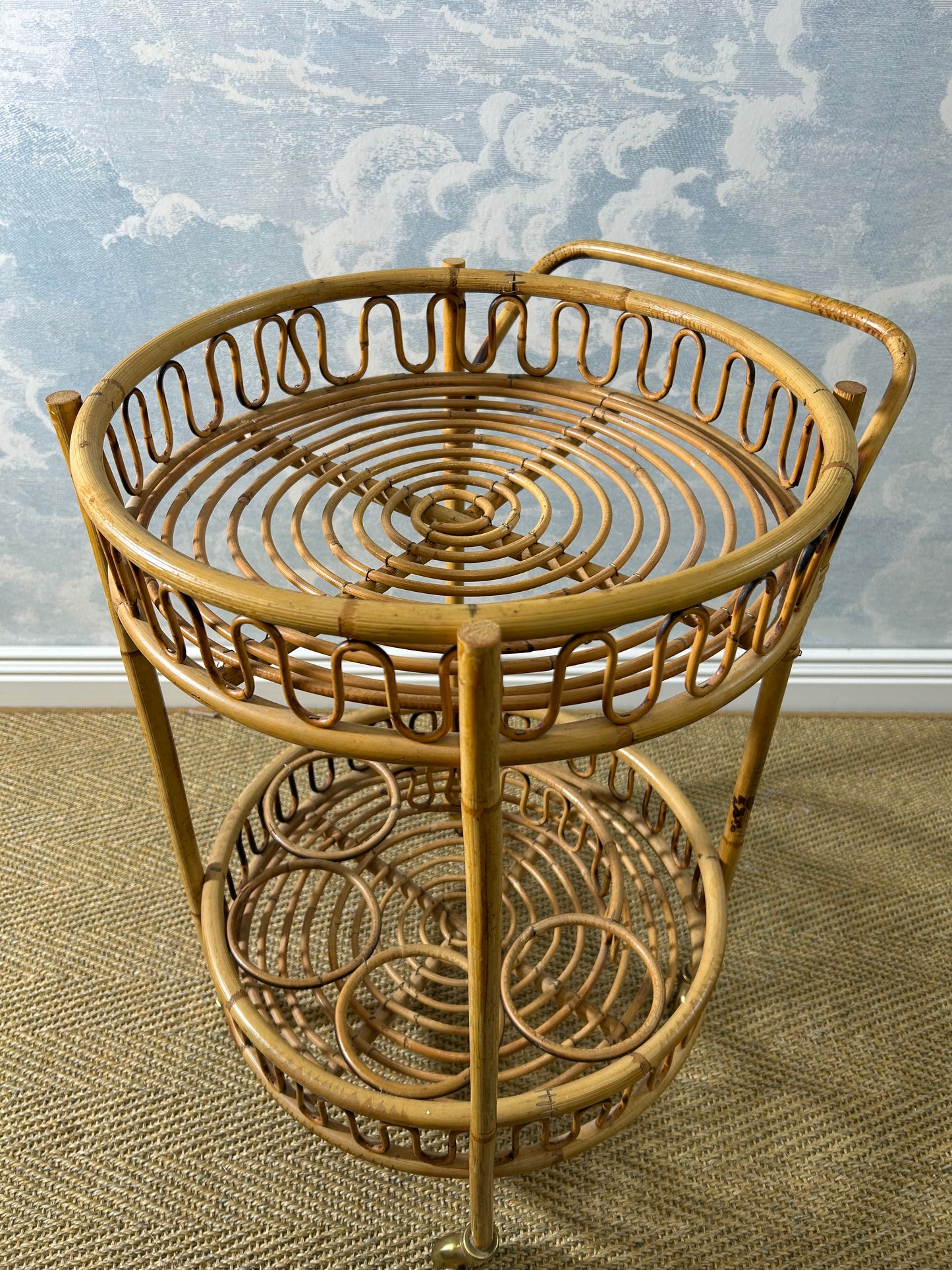 Round Bamboo Bar Cart in the Style of Franco Albini, Vintage 60s French Riviera