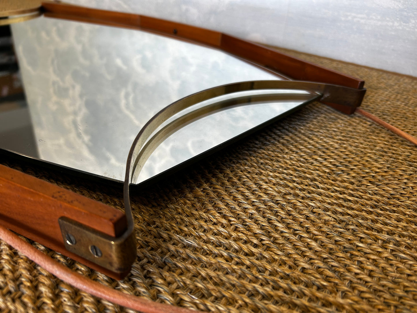 Wall Mirror with Brass Detail and Leather Mounting, Vetreria Andreini, Ravenna, Italy, 1950's